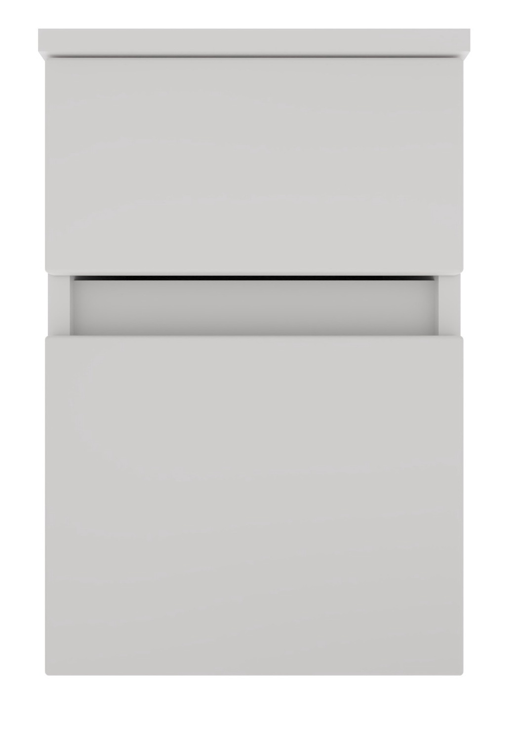 Moderner grauer Unterschrank mit zwei Schubladen, Frontalansicht