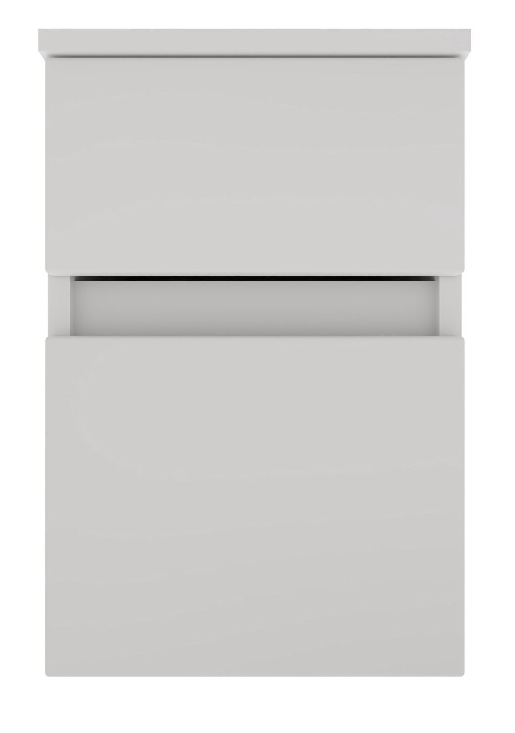 Moderner grauer Unterschrank mit zwei Schubladen, Frontalansicht