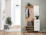 Kompaktgarderobe aus Holz mit Spiegel, Kleiderhaken und Stauraum, frontal abgebildet in modernem Flur.