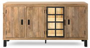 Frontale Ansicht eines Sideboards aus Holz mit vier Türen, davon eine mit Glaseinsatz und schwarzem Gitter.