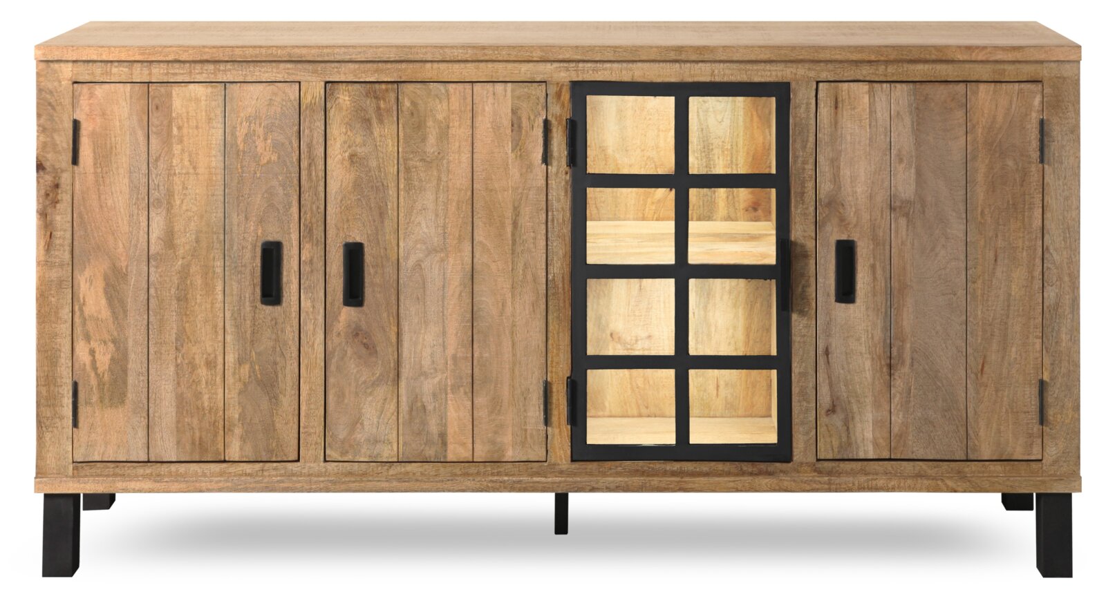 Vooraanzicht van een houten dressoir met vier deuren, waarvan één met een glazen inzetstuk en een zwart rooster.