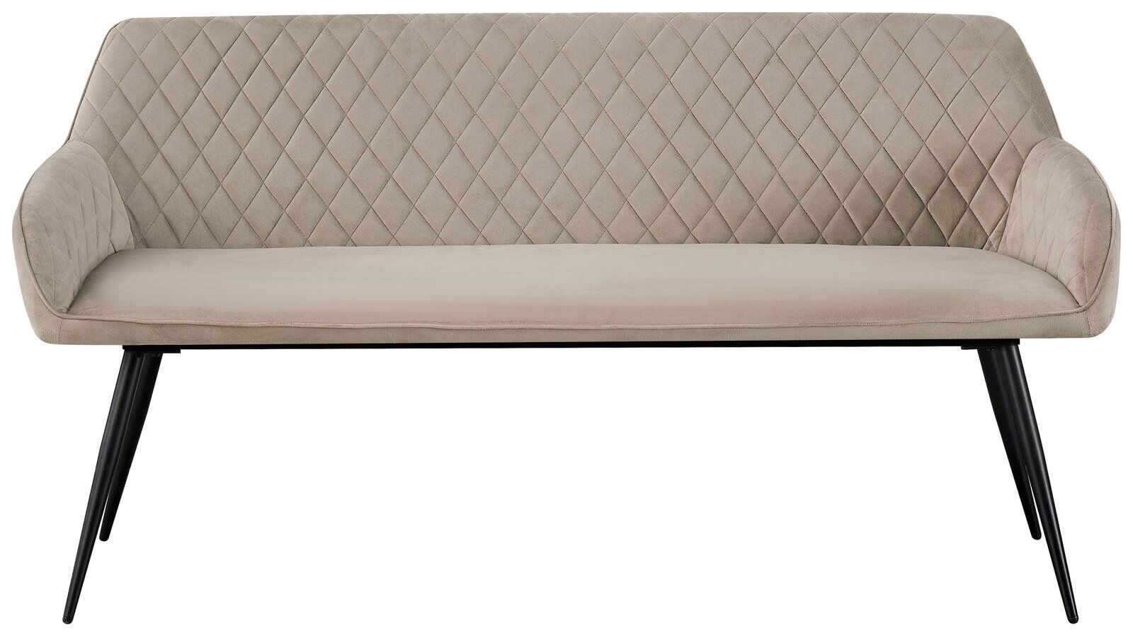 Elegante Sitzbank mit gesteppter Rückenlehne und schwarzen Beinen, Frontalansicht