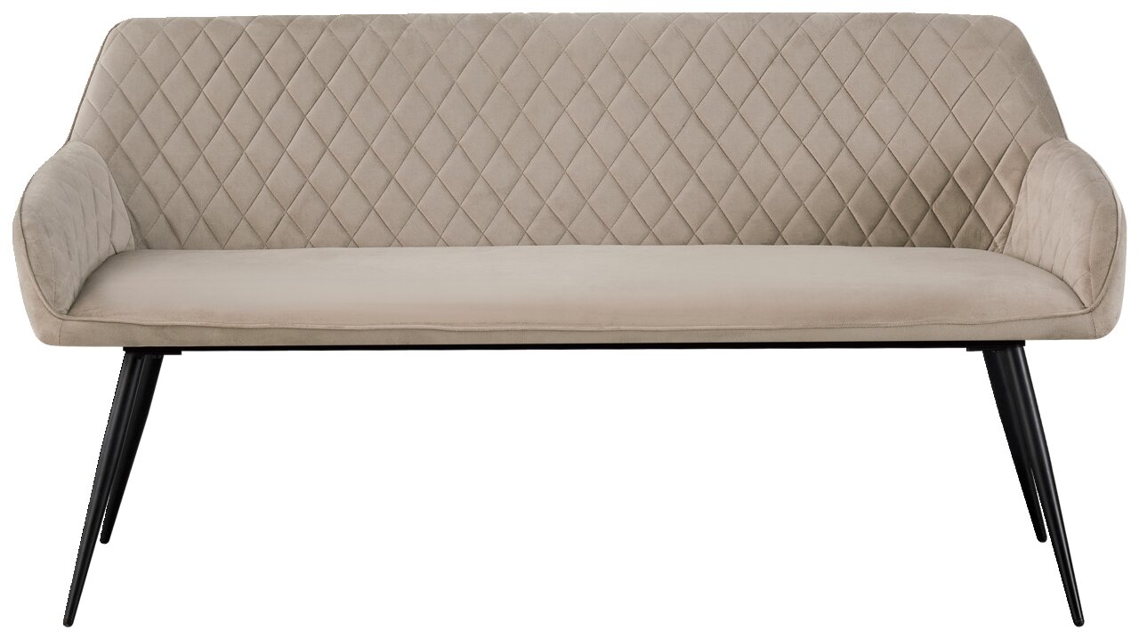 Elegante Sitzbank mit gesteppter Rückenlehne und schwarzen Beinen, Frontalansicht