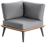 Grijze hoekbank met houten frame en zwarte poten, zijaanzicht