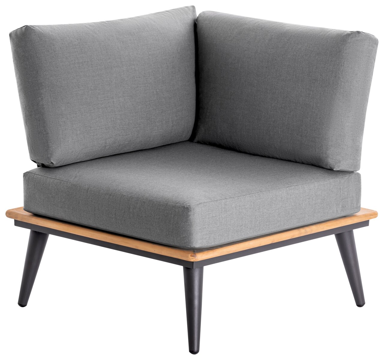 Grijze hoekbank met houten frame en zwarte poten, zijaanzicht