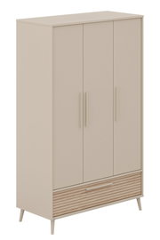 Beiger Kleiderschrank mit drei Türen und einer Schublade, seitliche Perspektive