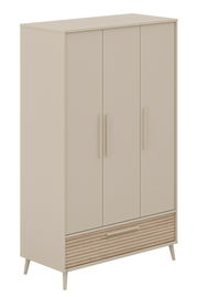 Beiger Kleiderschrank mit drei Türen und einer Schublade, seitliche Perspektive