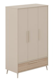 Beiger Kleiderschrank mit drei Türen und einer Schublade, seitliche Perspektive