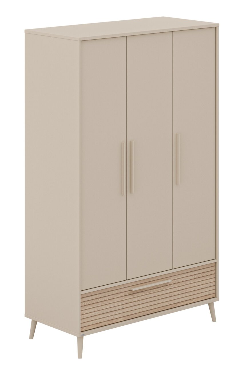 Beiger Kleiderschrank mit drei Türen und einer Schublade, seitliche Perspektive