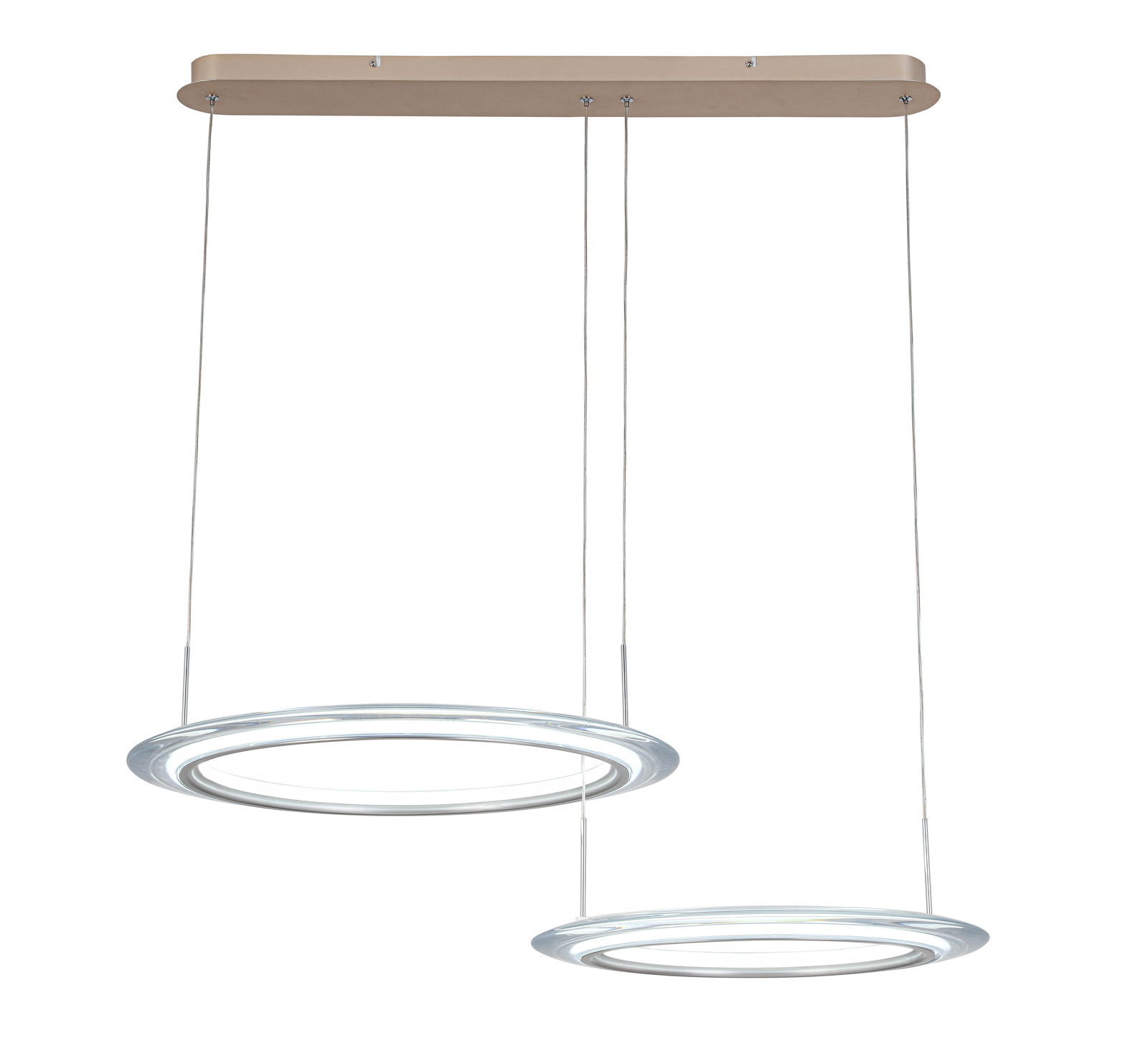 Moderne LED-Hängeleuchte mit zwei ringförmigen Leuchtelementen, seitliche Perspektive