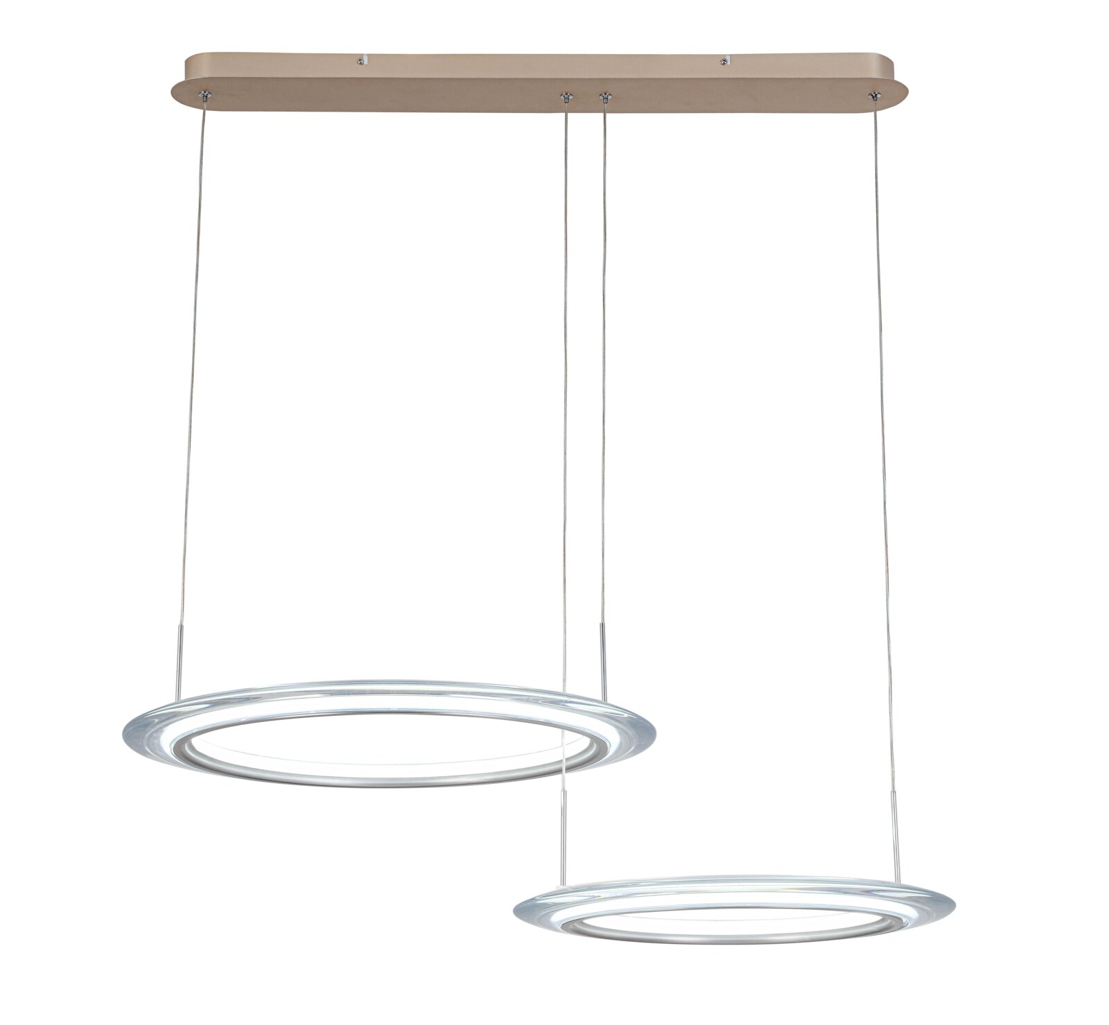 Moderne LED-hanglamp met twee ringvormige lichtelementen, zijaanzicht