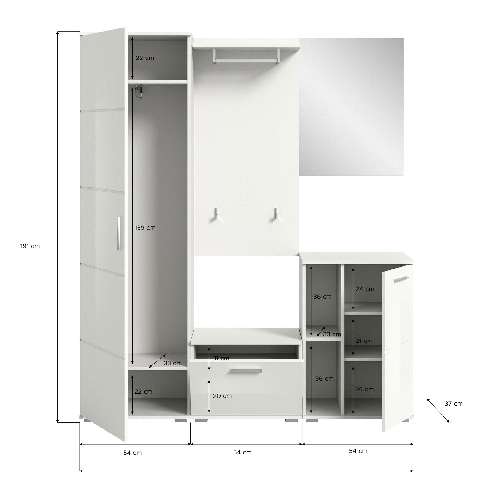 Frontale Ansicht einer weißen Garderobenkombination mit mehreren Schränken, Schubladen und einem Spiegel, ideal für die Organisation im Flur.