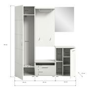 Frontale Ansicht einer weißen Garderobenkombination mit mehreren Schränken, Schubladen und einem Spiegel, ideal für die Organisation im Flur.