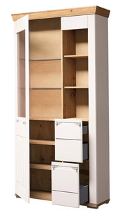 Kombi-Vitrine aus Holz mit weißen Elementen, offene Schubladen und Regale, seitliche Perspektive