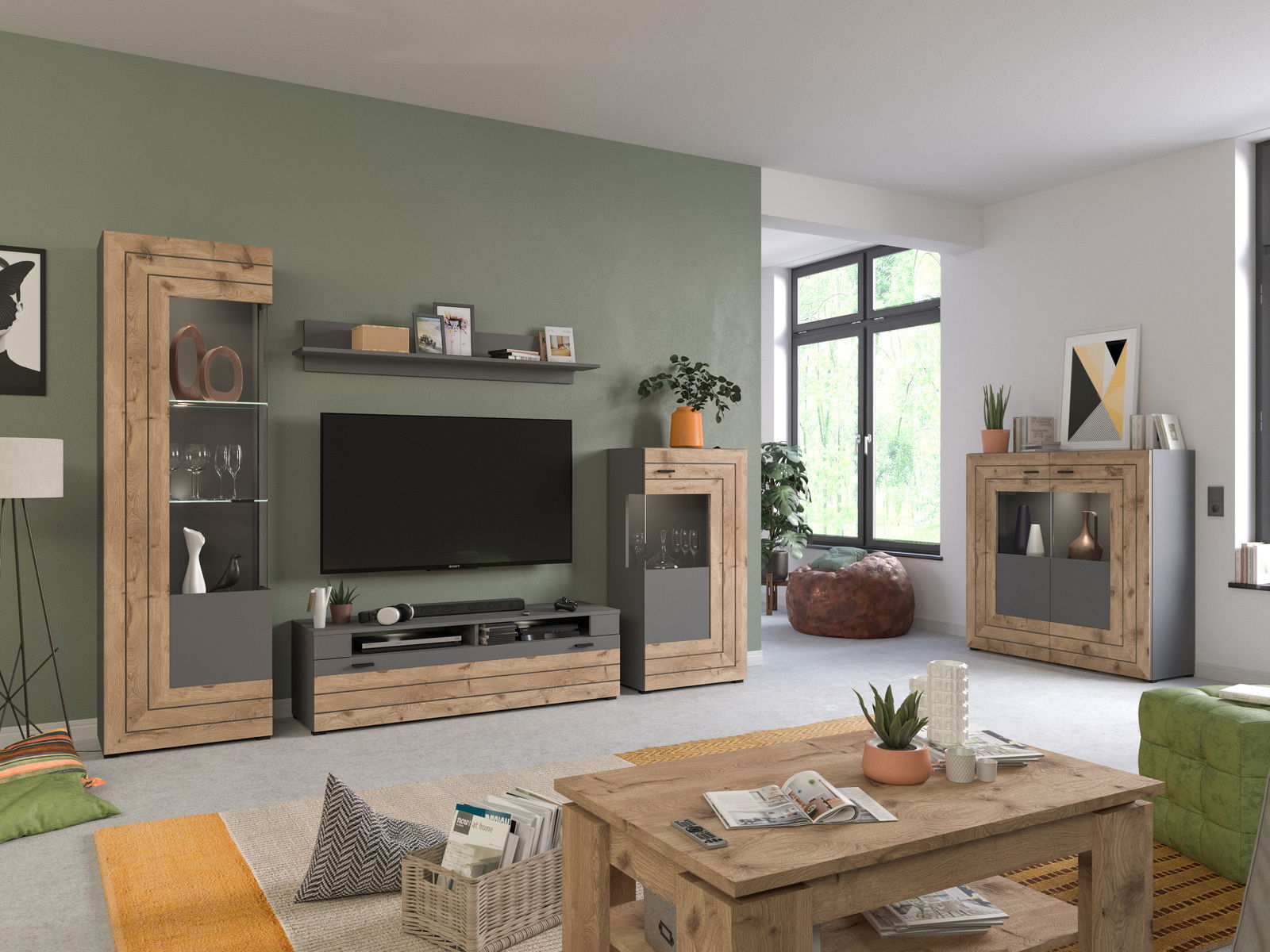 MID.YOU Wohnwandkombination FRENO Wohnwandkombination in modernem Wohnzimmer mit grüner Wand, bestehend aus TV-Schrank, Vitrine und Sideboard in Holzoptik. Perspektive: Frontalansicht.
