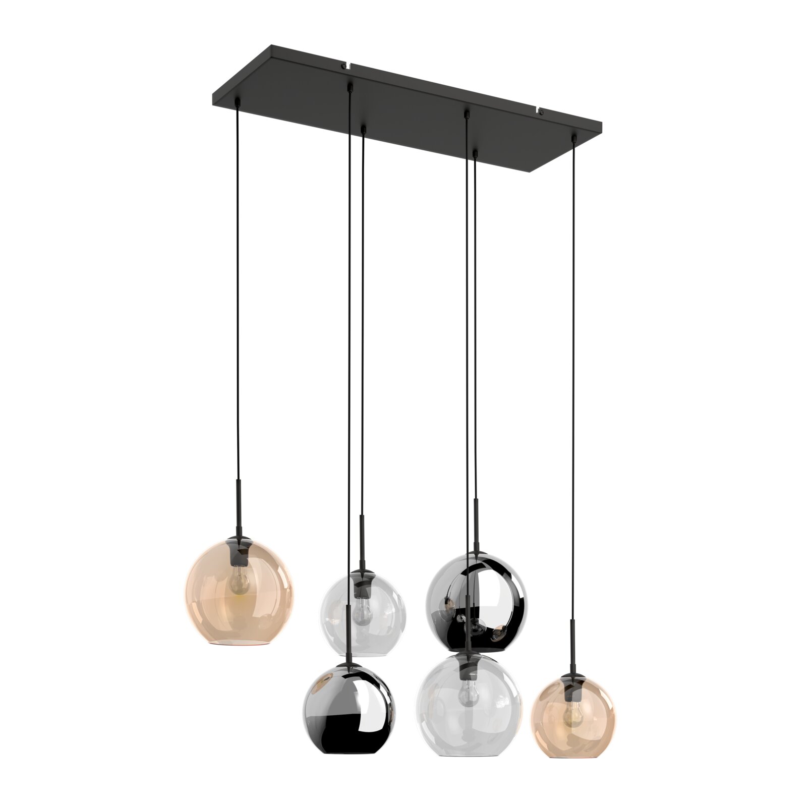 Moderne 6-flammige Pendelleuchte mit rechteckigem Baldachin in Schwarz und kugelförmigen Glas-Schirmen in Rauch-, Klar- und Amber-Optik, Ansicht schräg von vorne