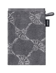 Grauer Waschhandschuh mit geometrischem Muster, von oben fotografiert, mit einer Schlaufe und einem Markenetikett an der Seite.