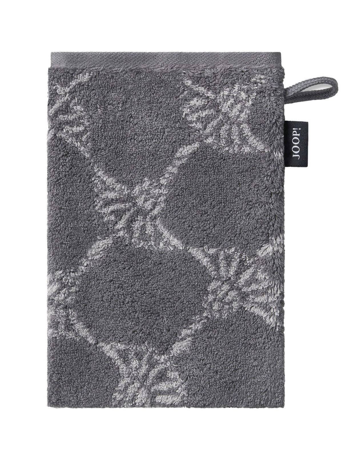 JOOP! Waschhandschuh CORNFLOWER CLASSIC Grauer Waschhandschuh mit geometrischem Muster, von oben fotografiert, mit einer Schlaufe und einem Markenetikett an der Seite.
