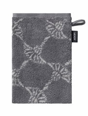 Grauer Waschhandschuh mit geometrischem Muster, von oben fotografiert, mit einer Schlaufe und einem Markenetikett an der Seite.