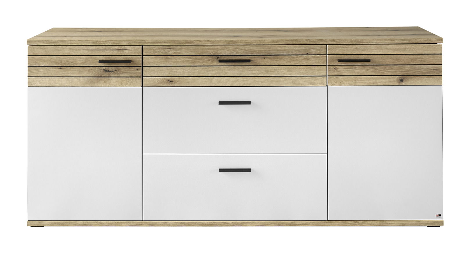 Frontale Ansicht eines modernen Sideboards mit Holz- und weißen Elementen, drei Schubladen und zwei Türen.