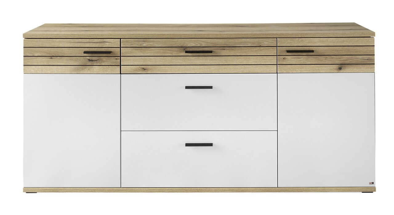 Frontale Ansicht eines modernen Sideboards mit Holz- und weißen Elementen, drei Schubladen und zwei Türen.