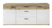 Frontale Ansicht eines modernen Sideboards mit Holz- und weißen Elementen, drei Schubladen und zwei Türen.