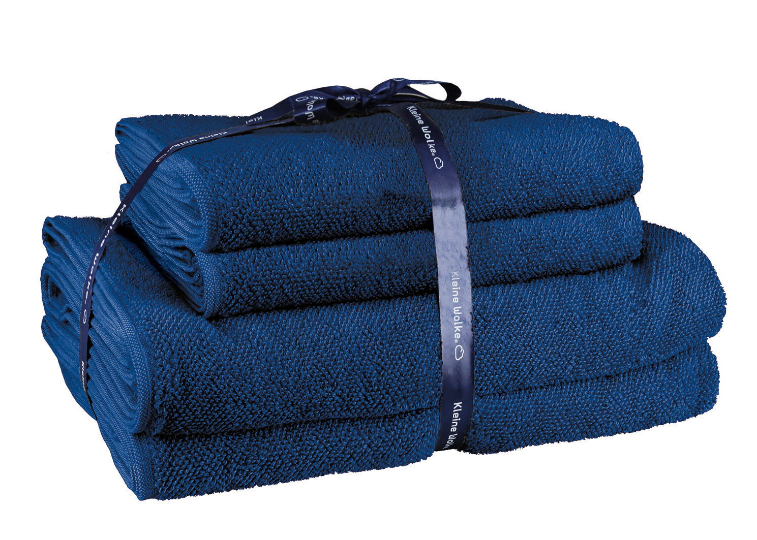 Kleine Wolke Handtuchset 4-tlg. CHILL Blaues Handtuchset, bestehend aus vier Teilen, gestapelt und mit einem Band zusammengebunden, seitliche Perspektive