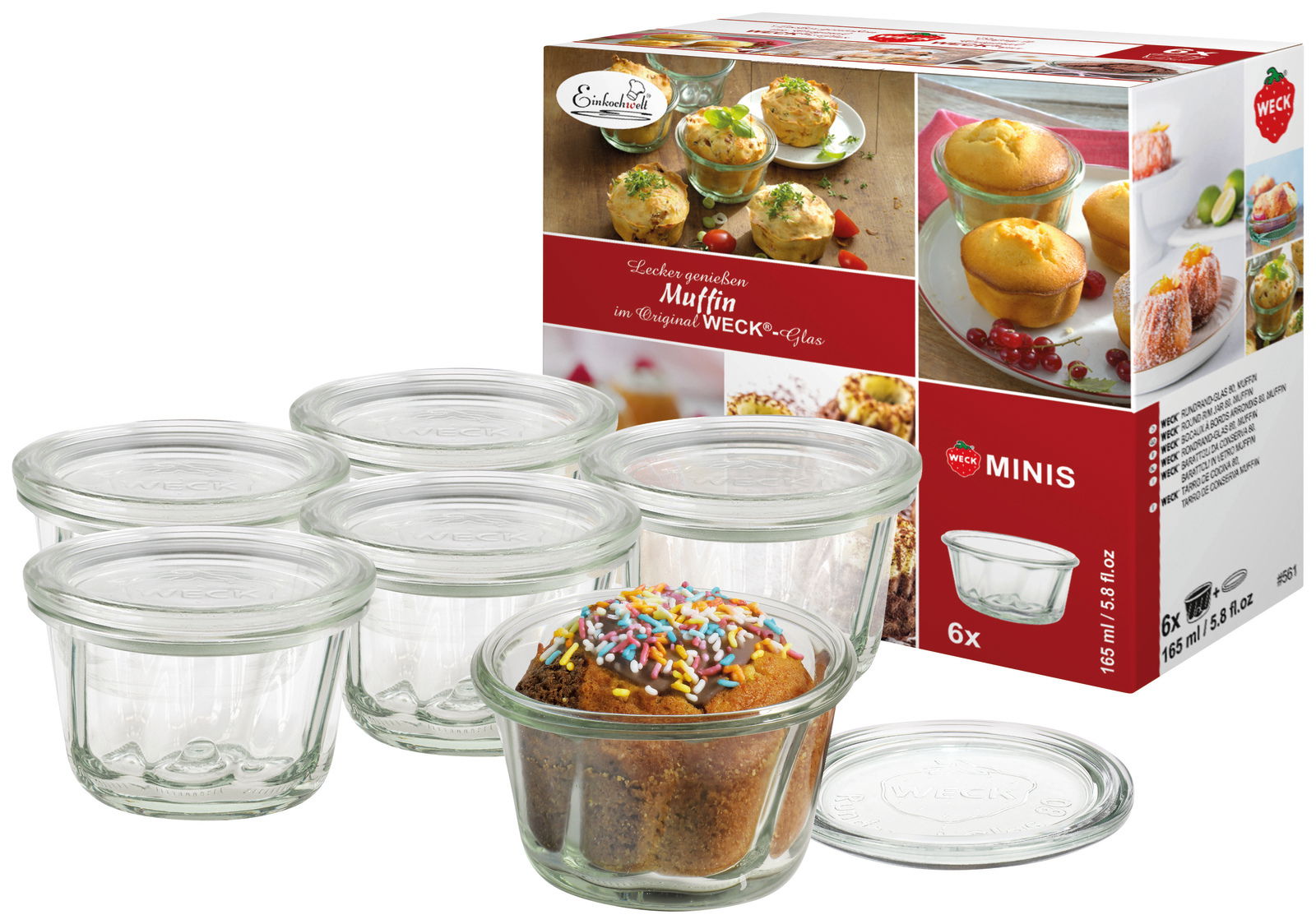 Sechser-Set Gugelhupf-Gläser mit 165 ml Fassungsvermögen, präsentiert mit einem Muffin im Vordergrund. Perspektive von schräg oben.