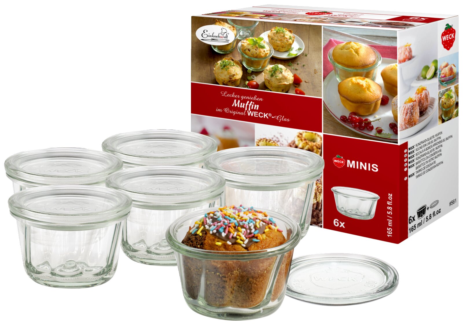 Sechser-Set Gugelhupf-Gläser mit 165 ml Fassungsvermögen, präsentiert mit einem Muffin im Vordergrund. Perspektive von schräg oben.