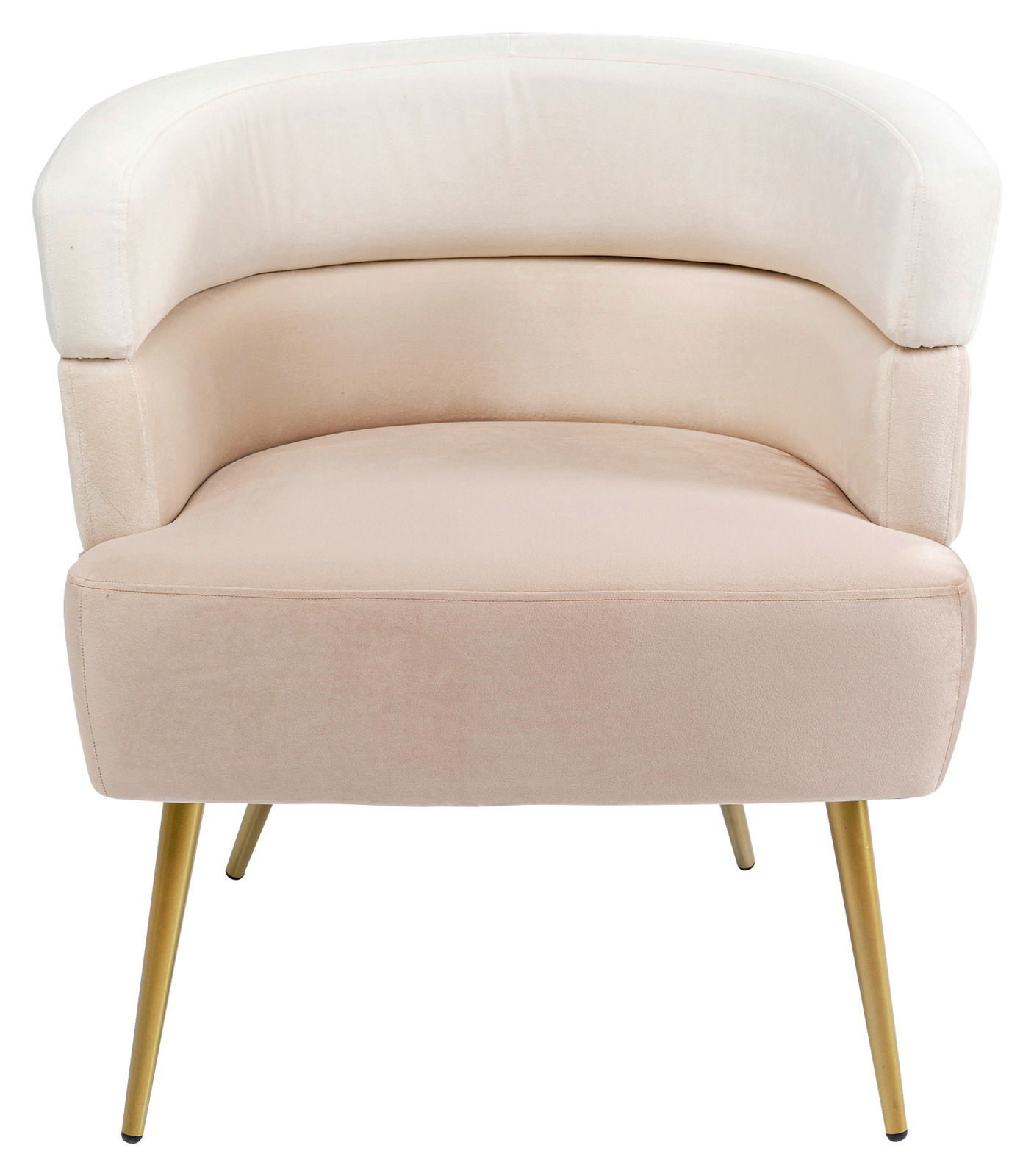 Moderner Sessel mit cremefarbenem Polster und goldenen Beinen, Frontalansicht