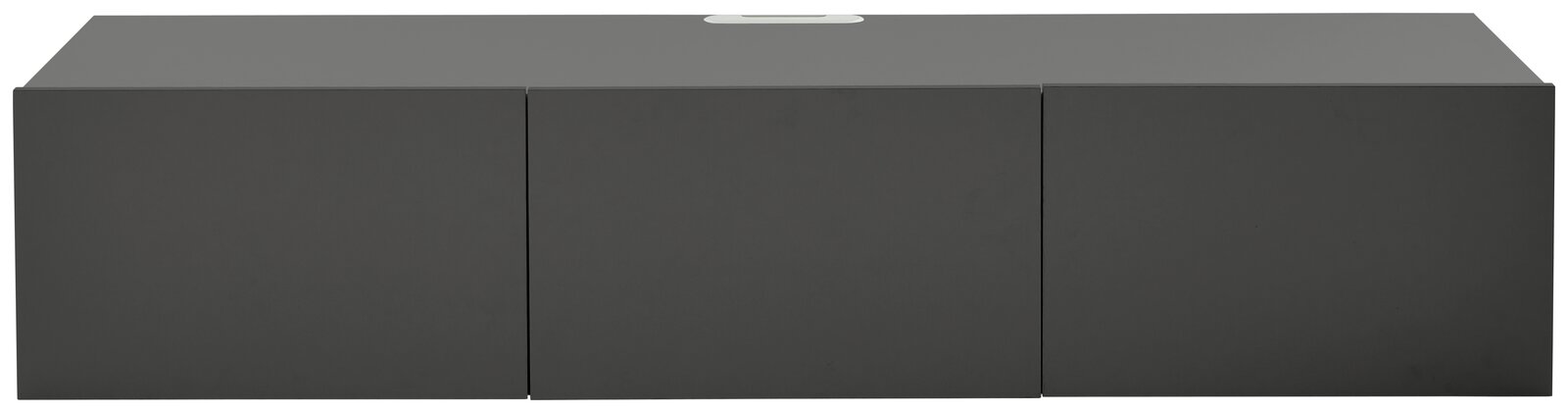 Frontansicht eines modernen, grauen TV-Hängelowboards mit drei Türen.