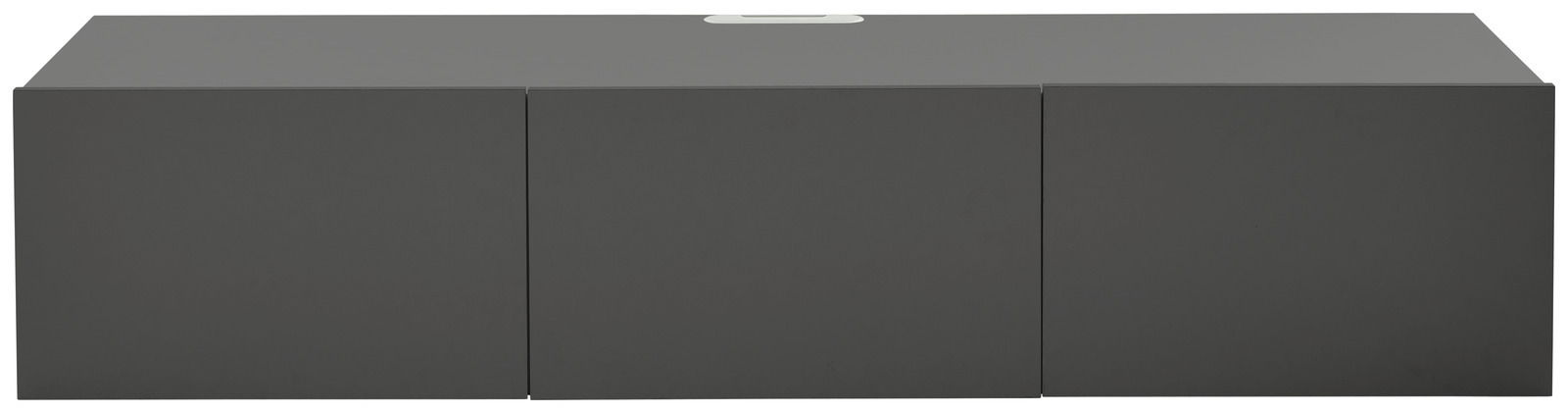 Frontansicht eines modernen, grauen TV-Hängelowboards mit drei Türen.