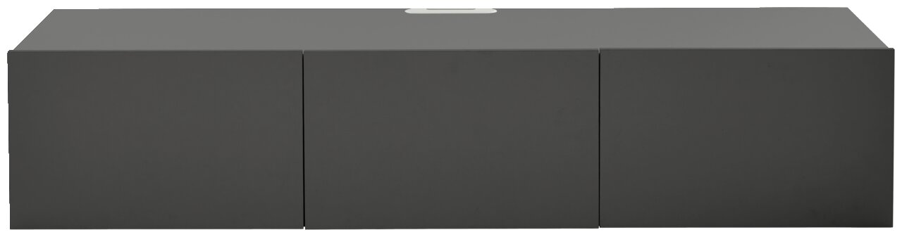 Vooraanzicht van een modern, grijs hangend tv-lowboard met drie deuren.