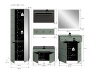 Bemaßte Montageübersicht eines Flurmöbel-Sets in Salbeigrün mit schwarzem Innenraum: hoher Schrank, Schuhbank mit Polster, Kommode, Spiegel, Wandboard und Garderobenleiste; dargestellt in Frontansicht mit Maßangaben und Belastungswerten.