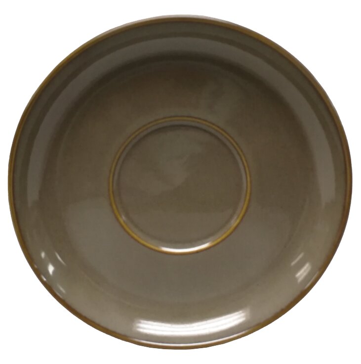 Braune Untertasse aus Keramik, von oben betrachtet, mit einem schlichten Design und einem leicht erhöhten Rand.