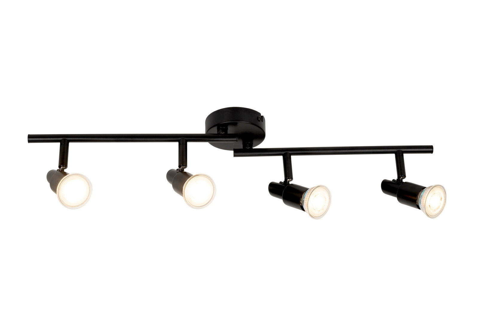 Schwarze Decken-Spotleuchte mit vier verstellbaren Strahlern auf zwei Stangen, frontal in leichter Untersicht vor weißem Hintergrund