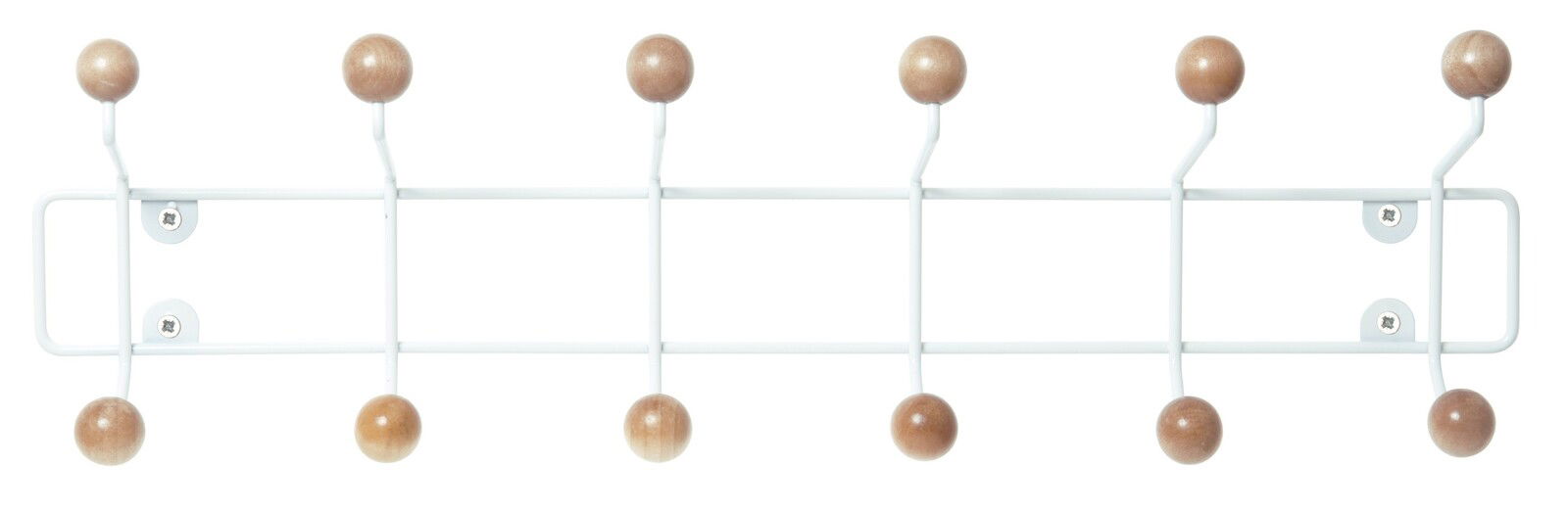 Weiße Garderobe mit Holzkugeln, frontal abgebildet