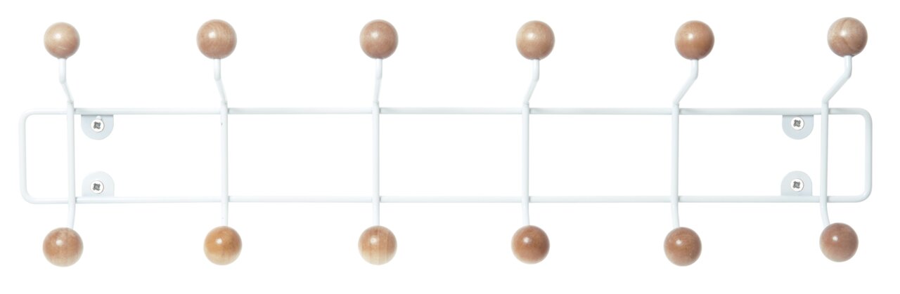 Weiße Garderobe mit Holzkugeln, frontal abgebildet