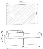 Technische Zeichnung eines Badezimmer-Waschtischunterschranks mit Aufsatzwaschbecken und Spiegel (Spiegel ca. 730×520 mm, Unterschrankbreite ca. 850 mm), dargestellt in schräger Vorderansicht.