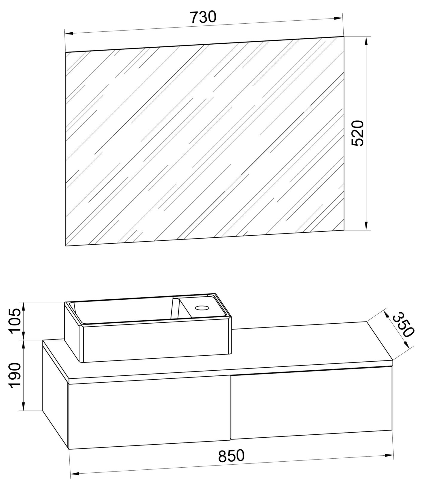 Technische Zeichnung eines Badezimmer-Waschtischunterschranks mit Aufsatzwaschbecken und Spiegel (Spiegel ca. 730×520 mm, Unterschrankbreite ca. 850 mm), dargestellt in schräger Vorderansicht.