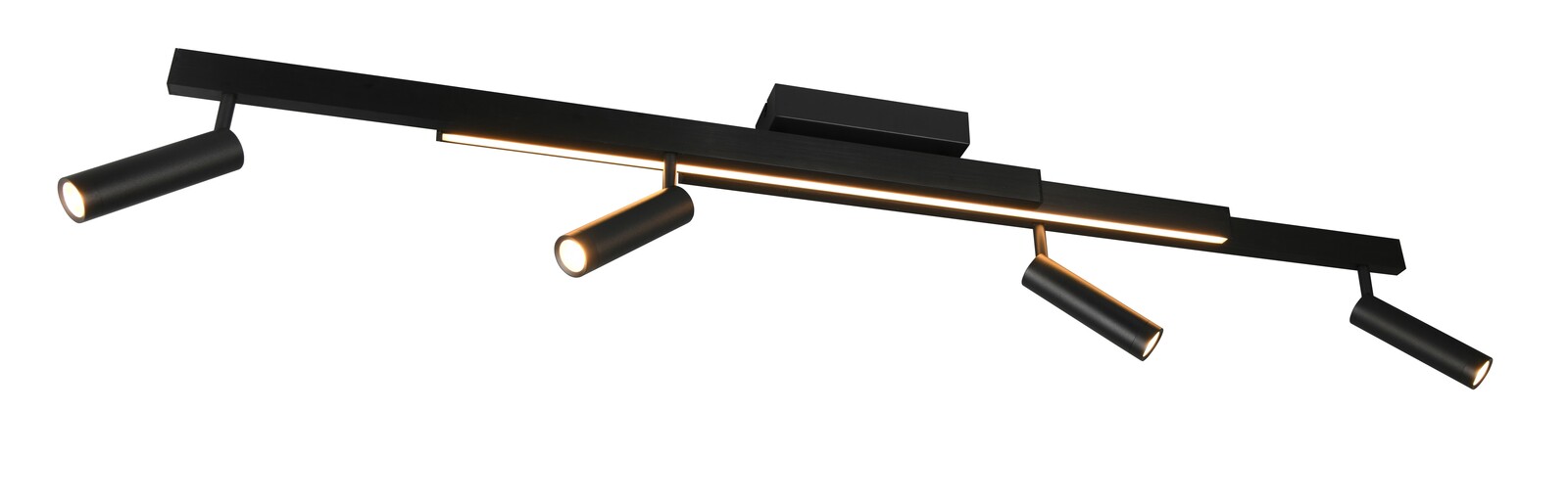 Moderne schwarze Deckenleuchte Zeno mit vier verstellbaren Spots, seitliche Perspektive