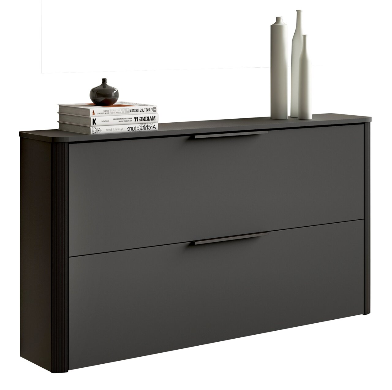 Moderner Hängeschuhschrank in dunklem Design, seitliche Perspektive, dekoriert mit Büchern und Vasen auf der Oberseite.