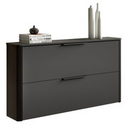 Moderner Hängeschuhschrank in dunklem Design, seitliche Perspektive, dekoriert mit Büchern und Vasen auf der Oberseite.