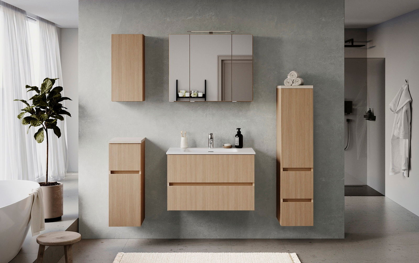 Moderner Badezimmer-Unterschrank aus Holz mit Waschbecken, frontal betrachtet, umgeben von weiteren hölzernen Schränken und einem Spiegel.