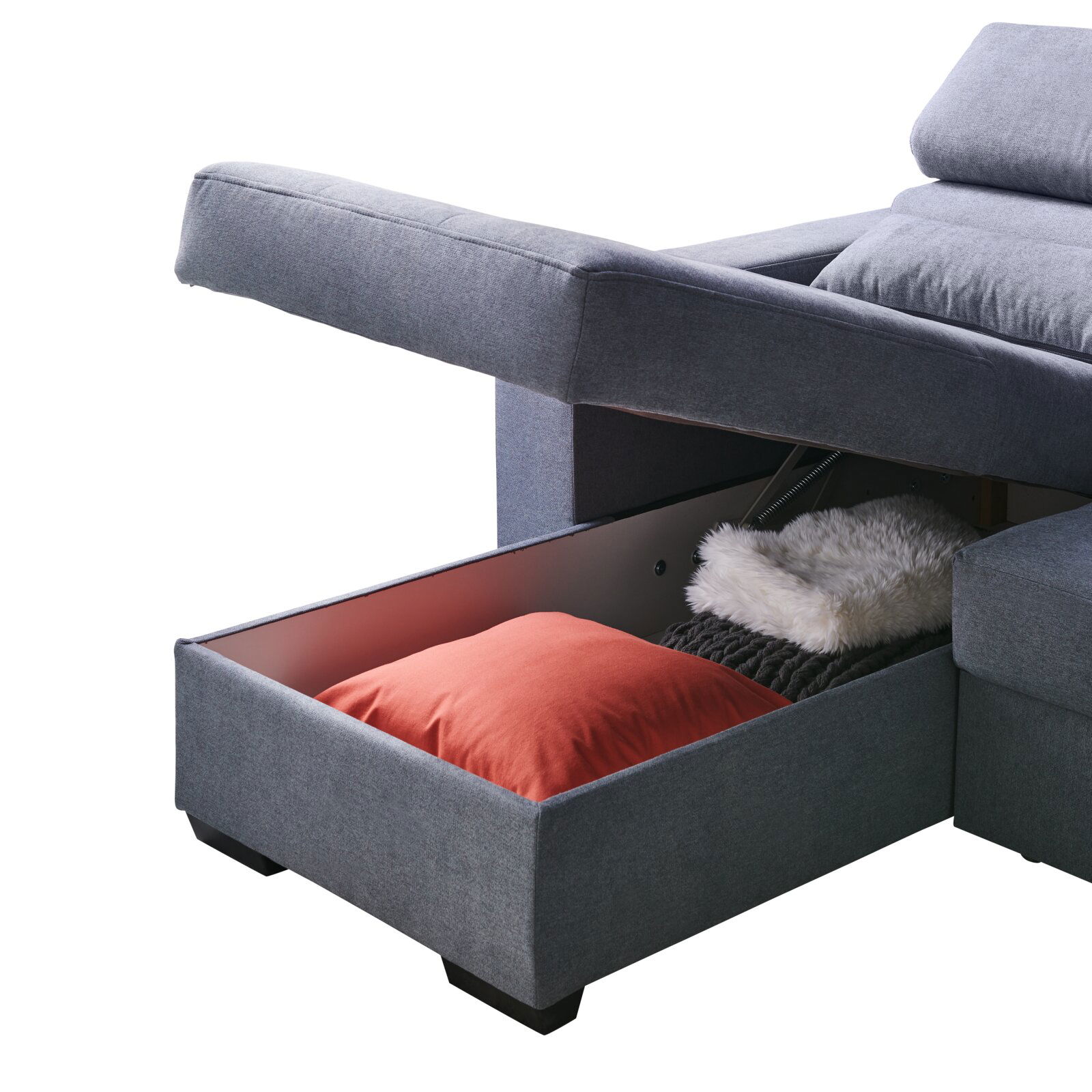 Rundecke in grauem Stoff mit geöffneter Schublade, die ein rotes Kissen und eine Decke zeigt, seitliche Perspektive
