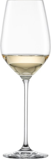 Wittewijnglas Fortissimo, van voren gefotografeerd, gevuld met witte wijn.