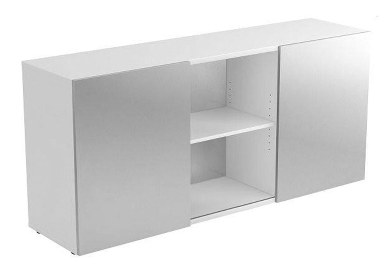 Weißes Sideboard mit zwei Türen und einem offenen Regal in der Mitte, seitliche Perspektive