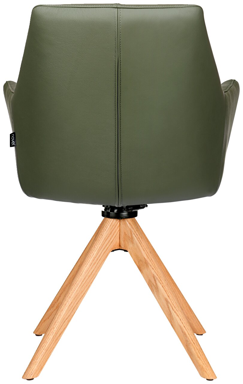 Rückansicht eines grünen Armlehnstuhls mit Holzbeinen