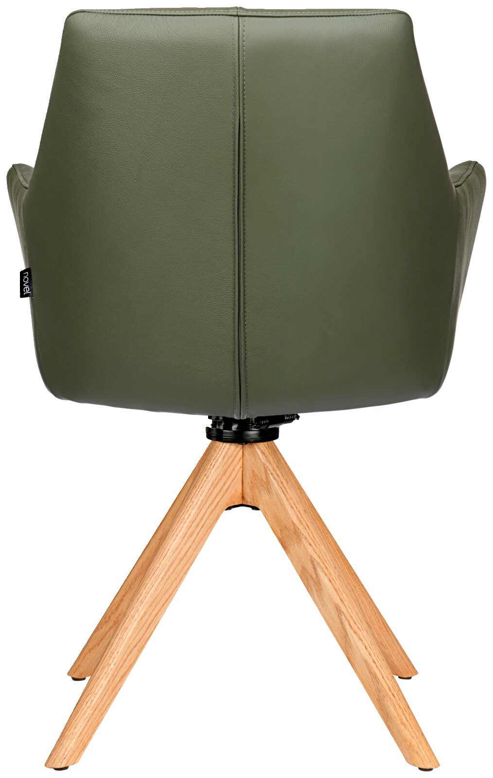 Rückansicht eines grünen Armlehnstuhls mit Holzbeinen