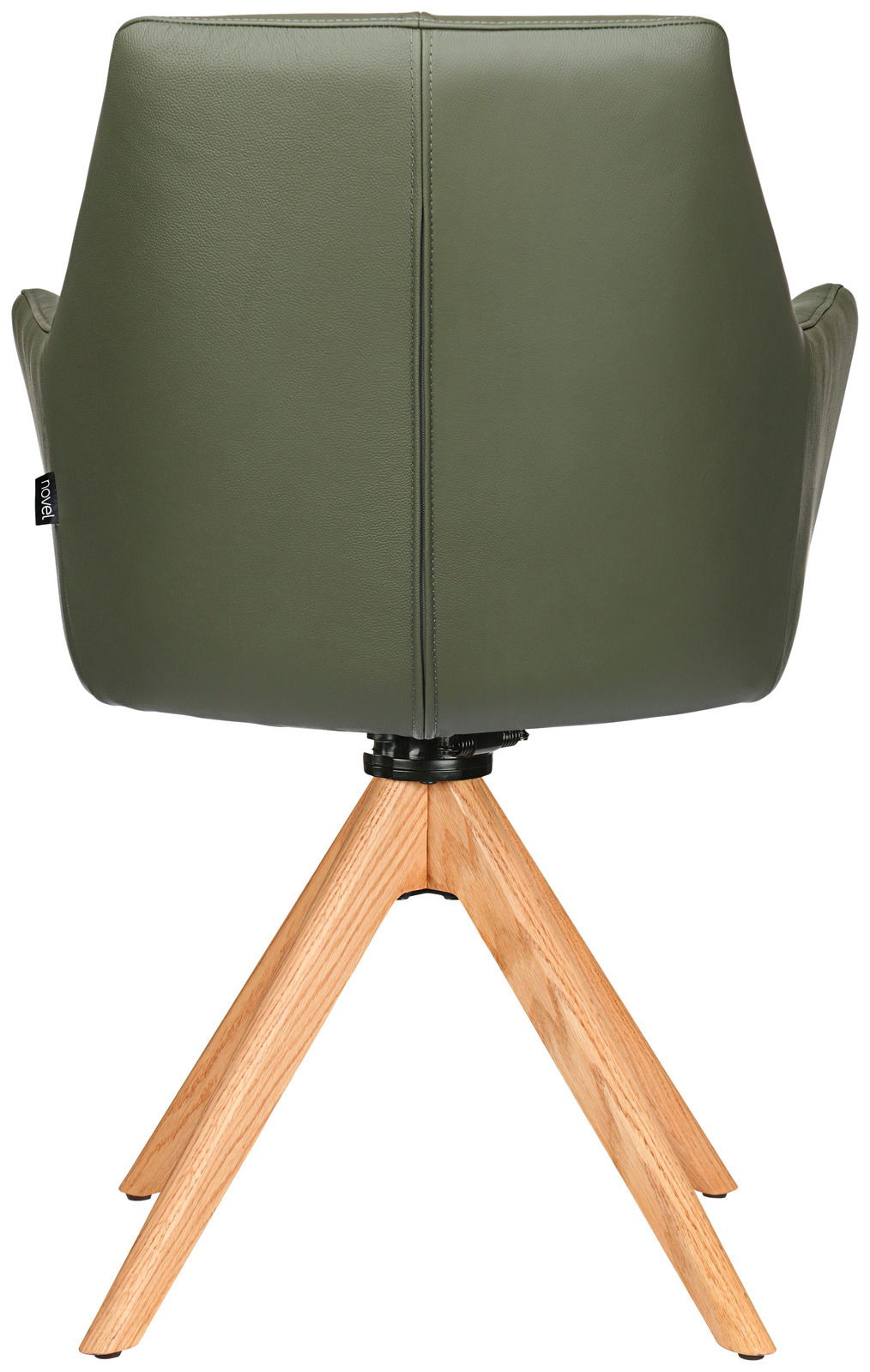 Rückansicht eines grünen Armlehnstuhls mit Holzbeinen